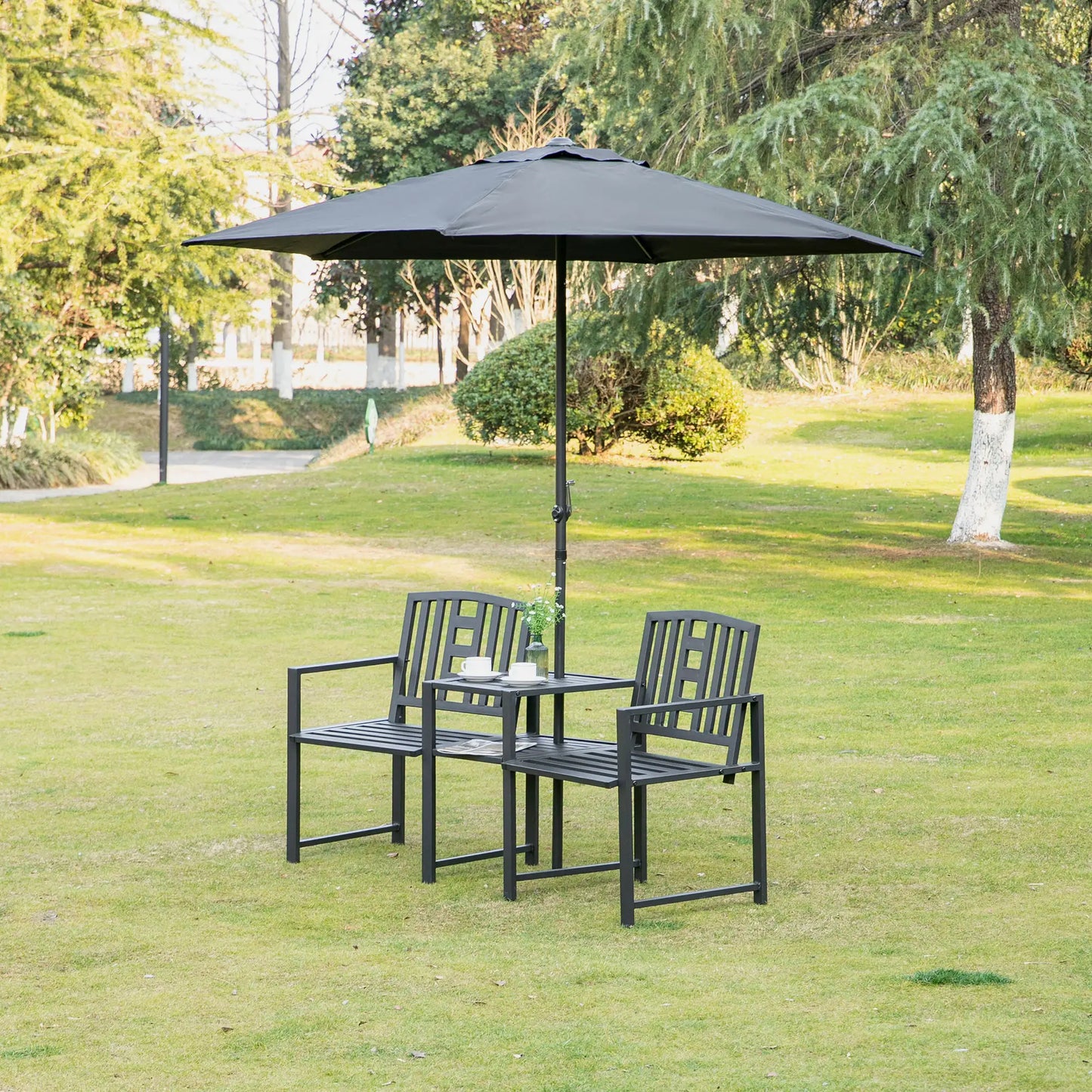 Metal Outdoor Bench, 2-Seater with Middle Table, Umbrella Hole, Black Outdoor Benches at Gallery Canada