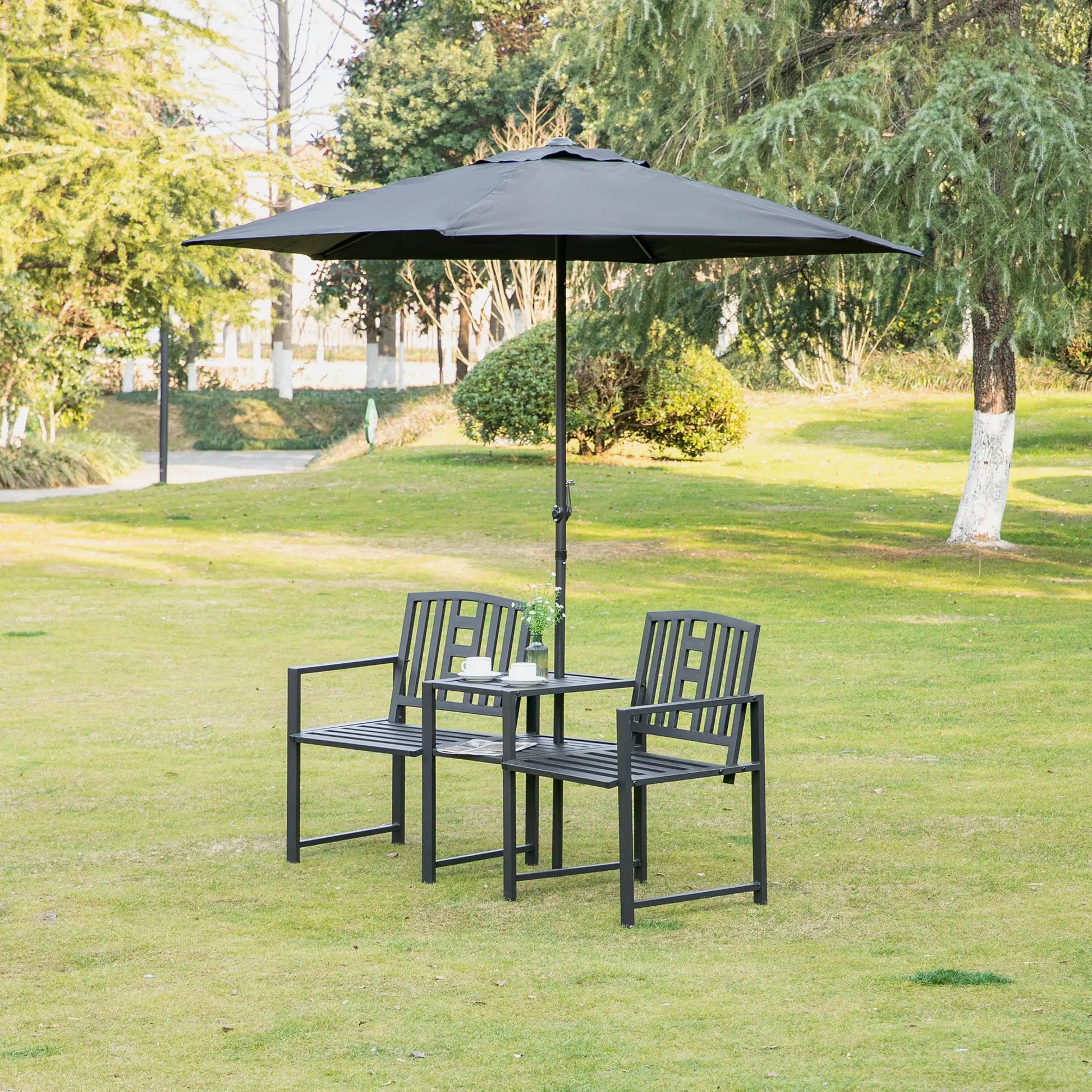 Metal Outdoor Bench, 2-Seater with Middle Table, Umbrella Hole, Black Outdoor Benches at Gallery Canada