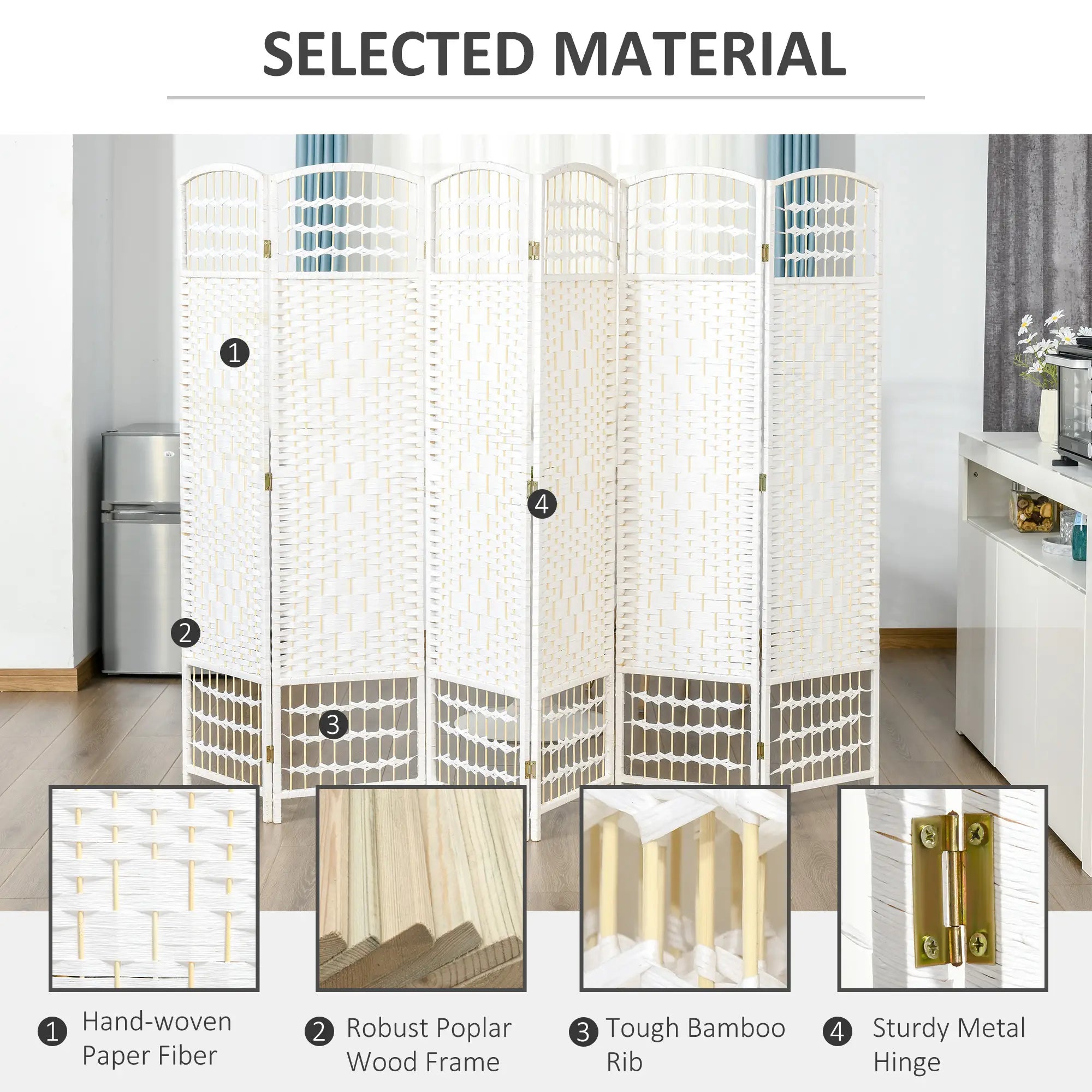 6 Panel Room Divider, 5.6 ft Tall, Folding Privacy Screen, White Room Dividers at Gallery Canada
