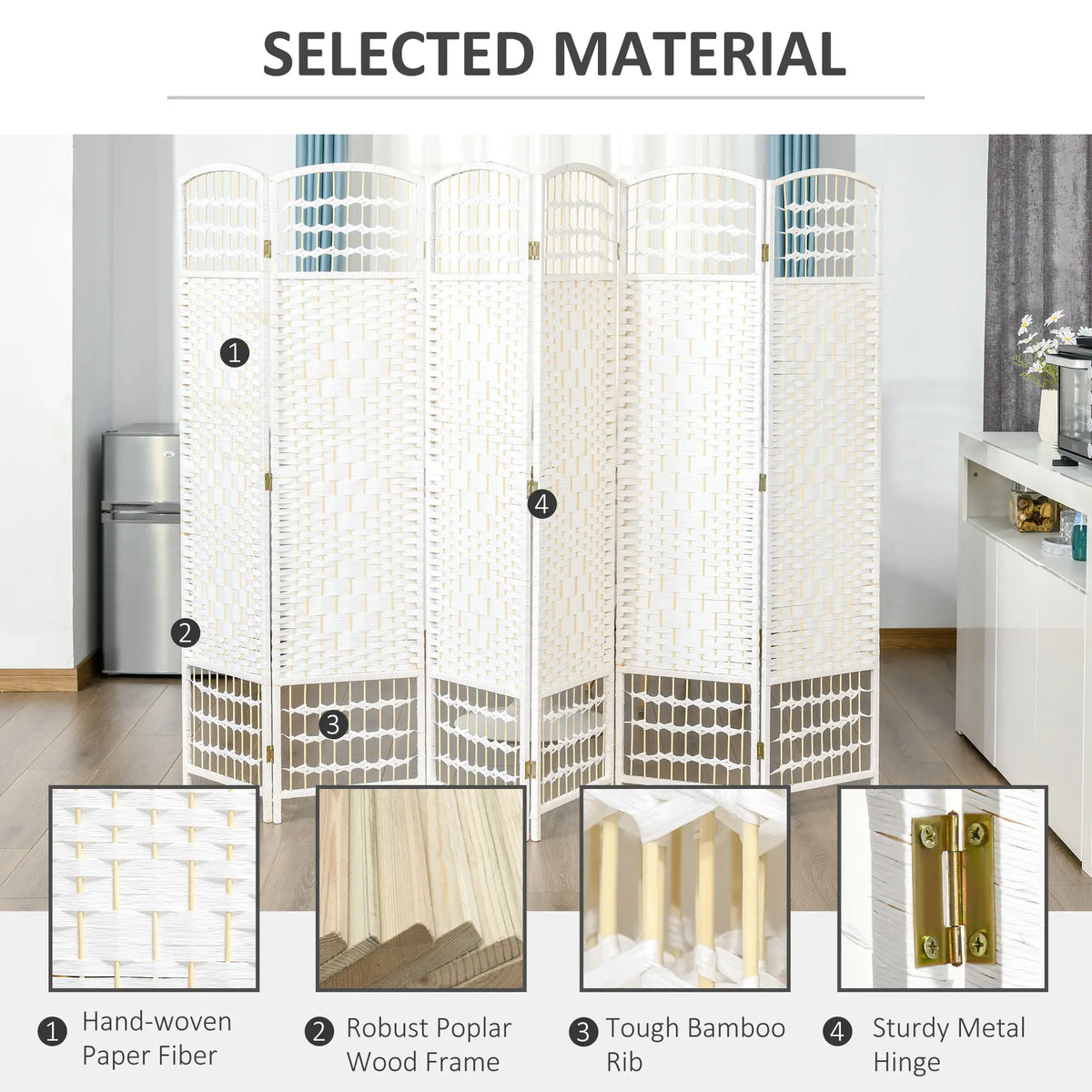 6 Panel Room Divider, 5.6 ft Tall, Folding Privacy Screen, White Room Dividers at Gallery Canada