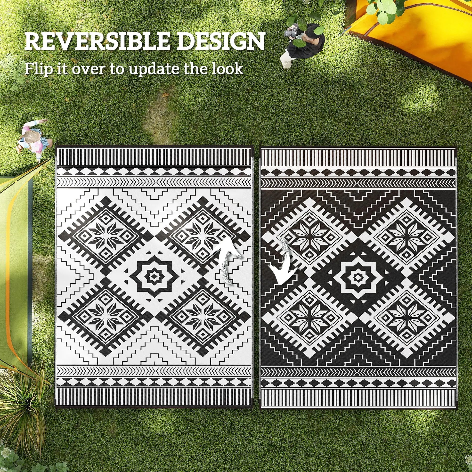 9' x 12' Outdoor RV Rug, Reversible Patio Mat, White and Black Garden Decor at Gallery Canada