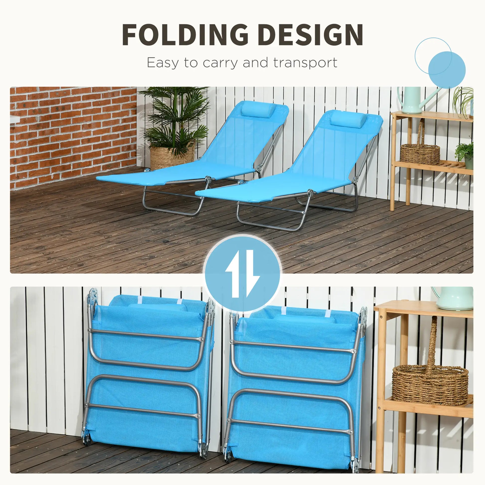 Folding Chaise Lounge Chairs Set of 2, Outdoor Reclining, Blue Lounger Chairs at Gallery Canada