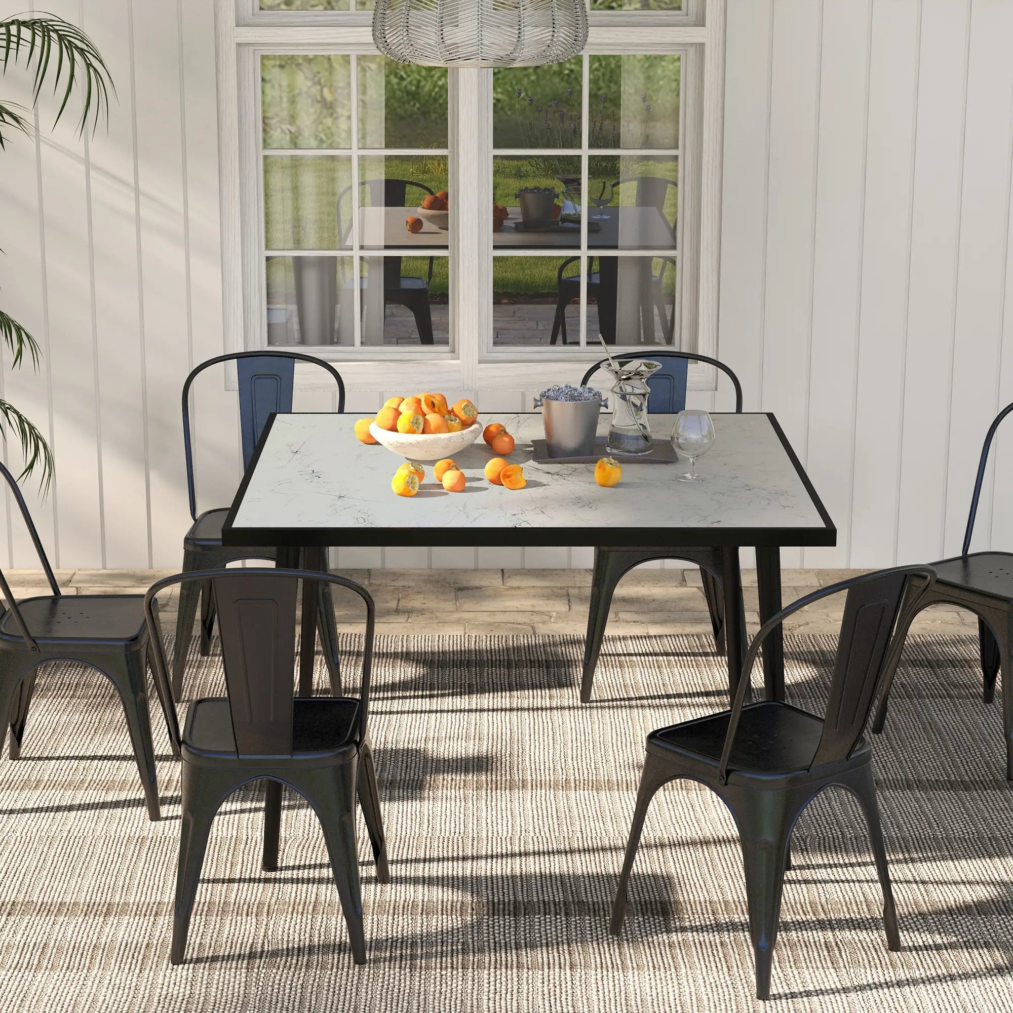 Square Outdoor Dining Table for 4, Marble Effect Glass Top, Steel Frame, White Patio Dinning Tables at Gallery Canada