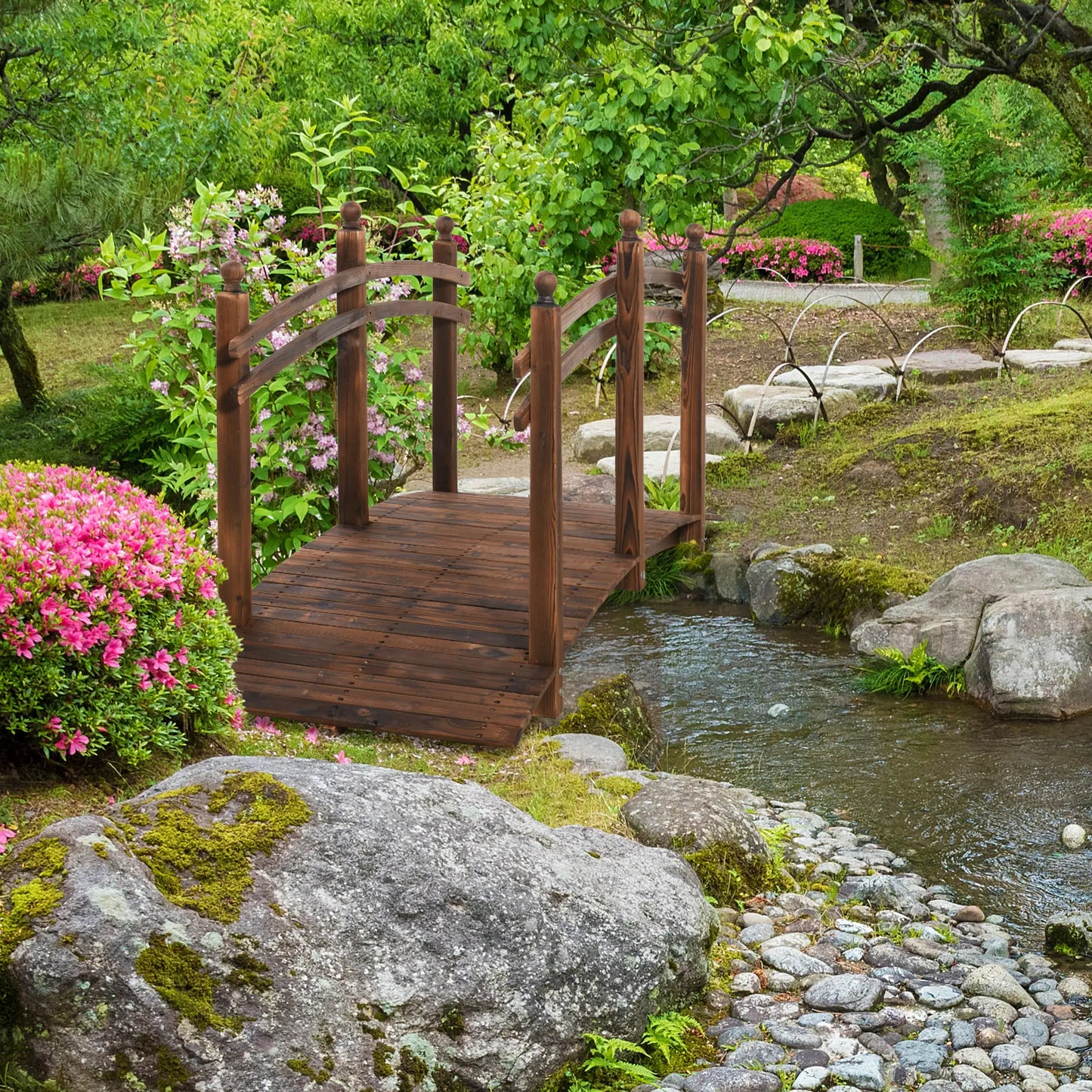 7.5' Fir Wood Garden Bridge, Arc Walkway With Side Railings, Tan Garden Bridges at Gallery Canada
