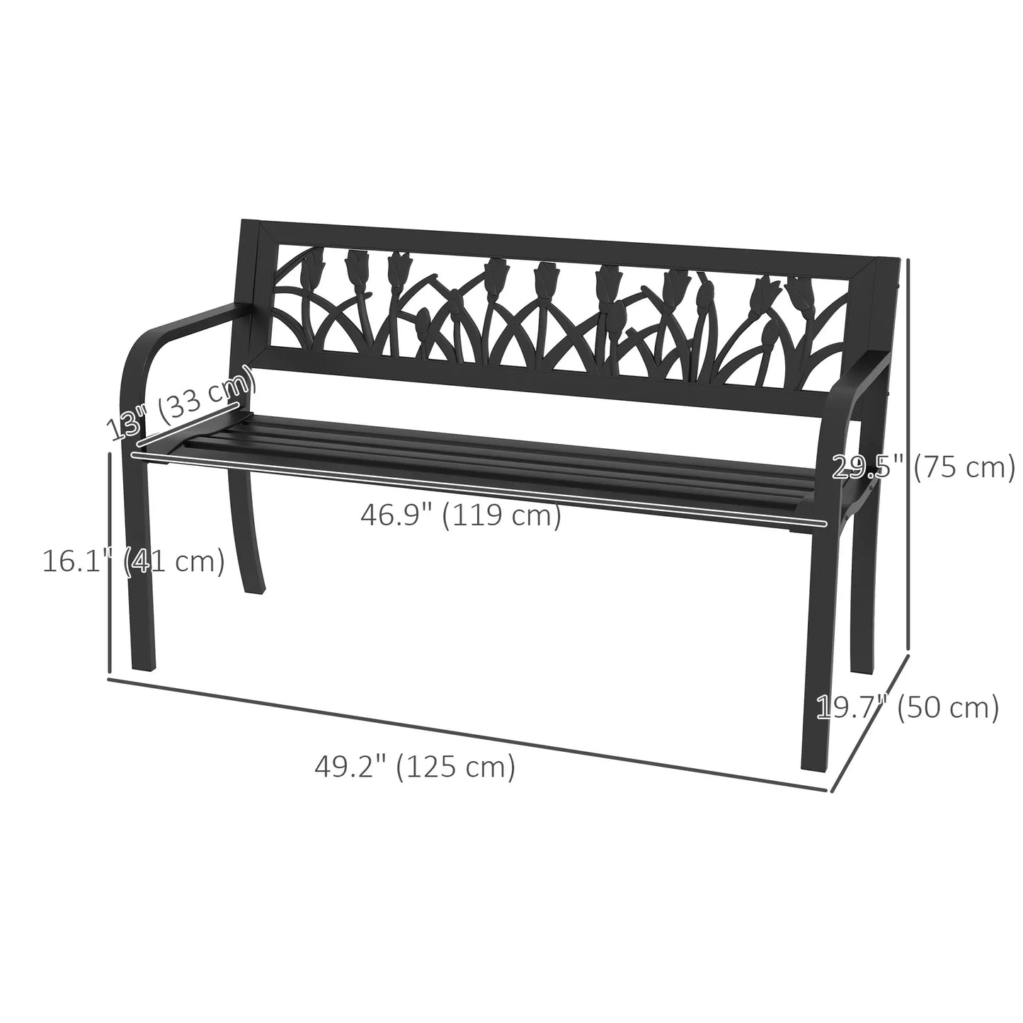 49" Metal Outdoor Bench, Curved Arms, Slatted Seat, Patio, Backyard, Lawn Outdoor Benches at Gallery Canada