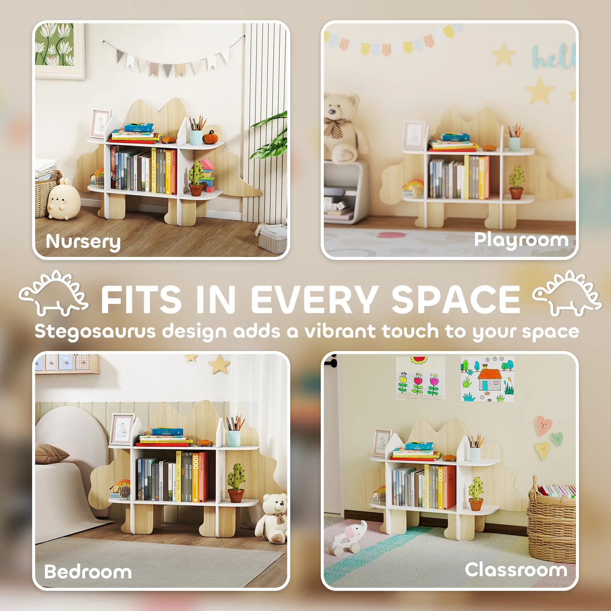 Dinosaur Kids Bookshelf, 2 Tier Bookcase, Natural Bookshelves & Bookcases at Gallery Canada