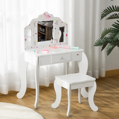 Kids Vanity Table and Stool, Makeup Set with Tri-Folding Mirrors, White Kids Bedroom Furniture at Gallery Canada