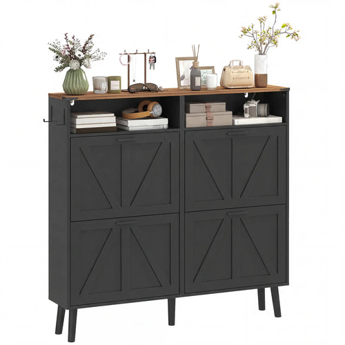 Shoe Storage Cabinet, 4 Flip Drawers, Farmhouse Narrow, Black