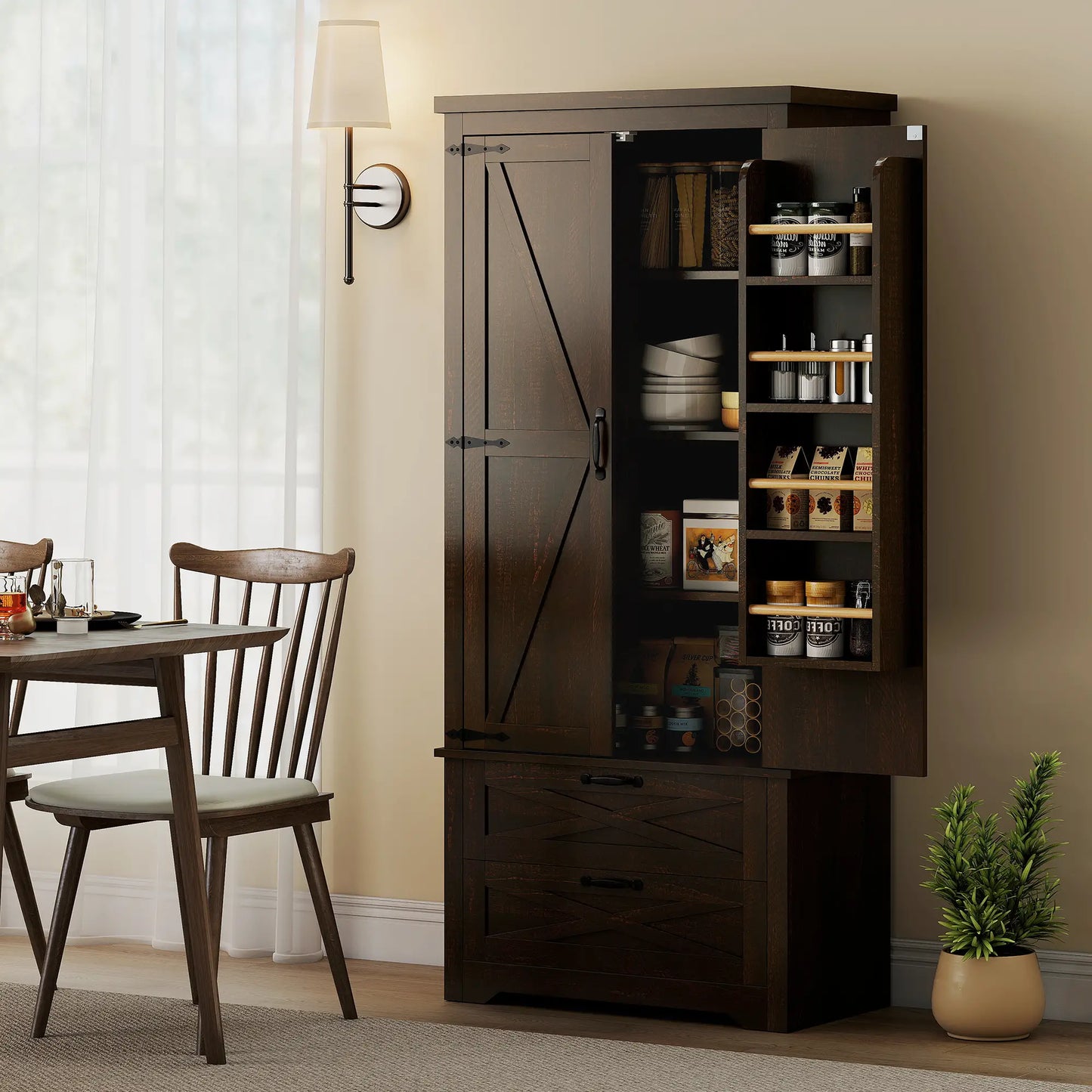 Farmhouse Kitchen Pantry Cabinet, 64", Distressed Dark Brown Kitchen Pantry Cabinets at Gallery Canada