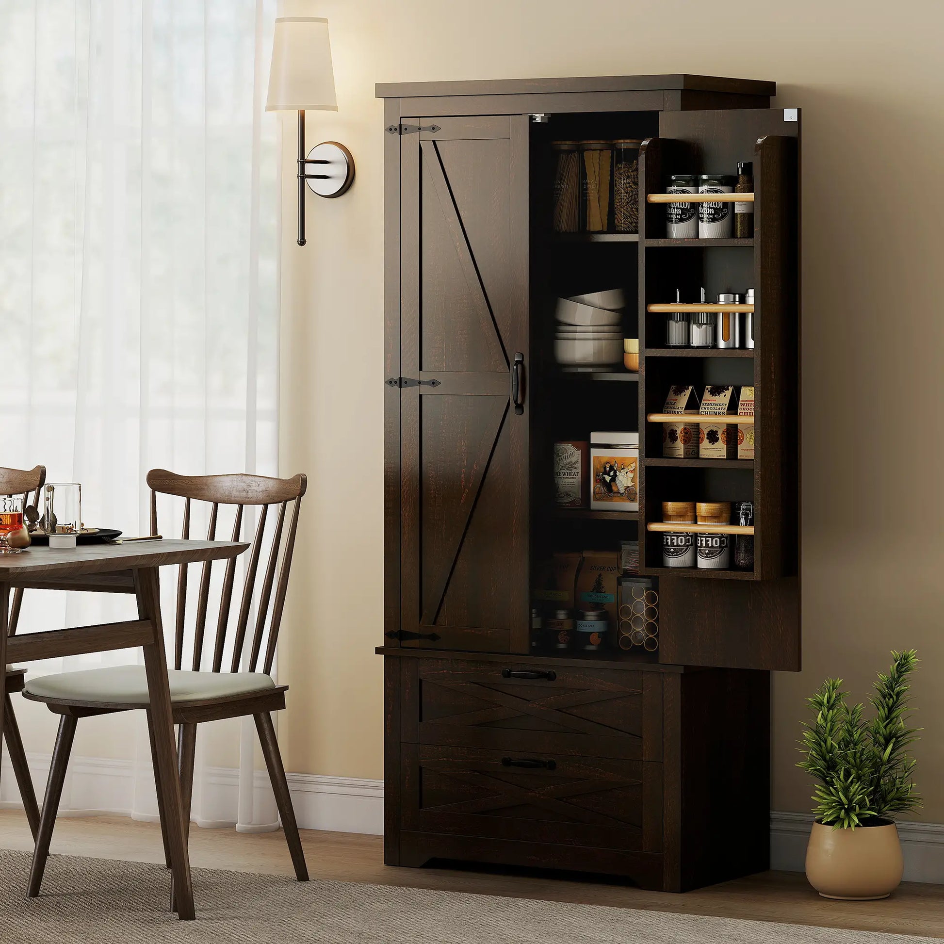 Farmhouse Kitchen Pantry Cabinet, 64", Distressed Dark Brown Kitchen Pantry Cabinets at Gallery Canada