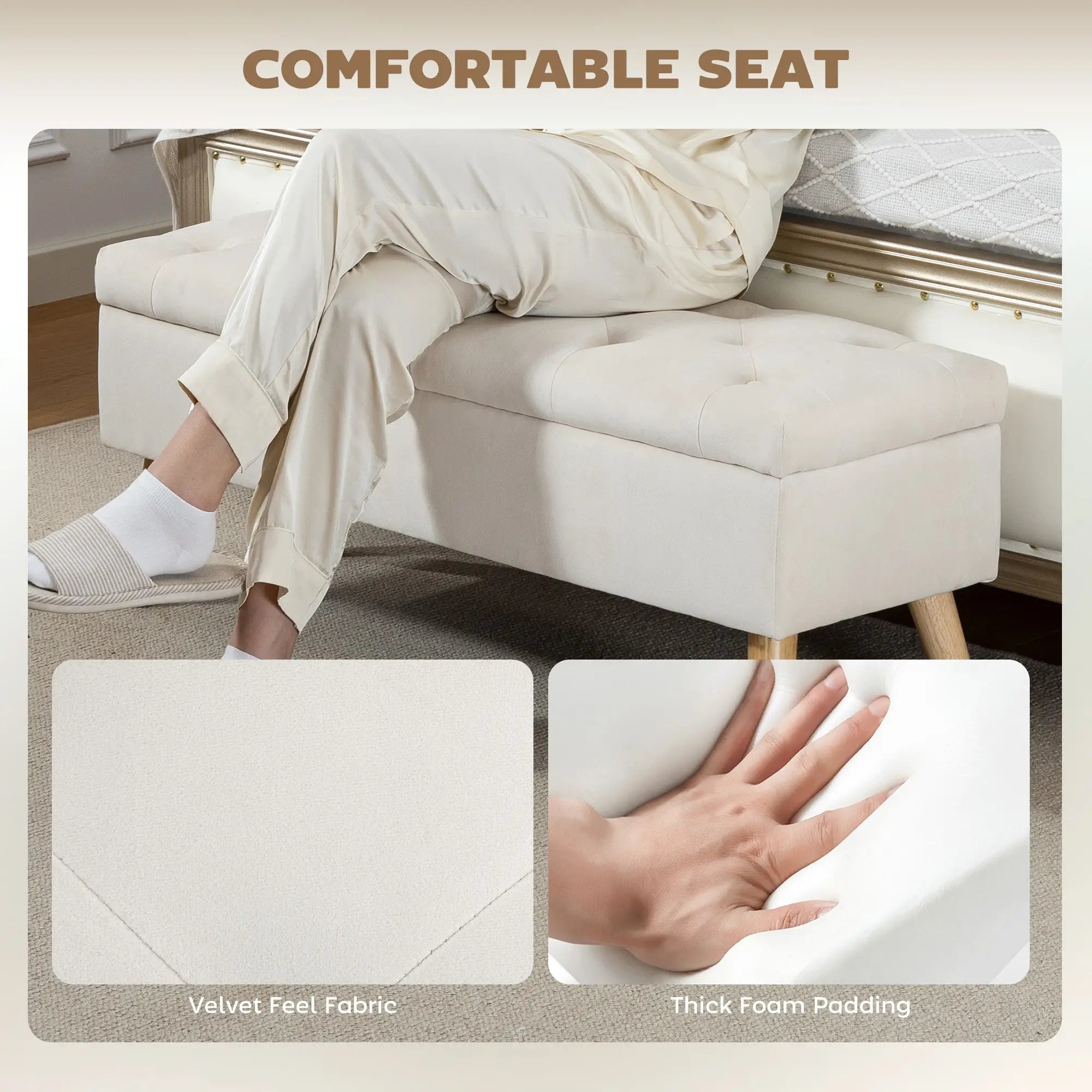 Storage Ottoman With Lid, Velvet Bench, Cream White Storage Ottomans & Benches at Gallery Canada