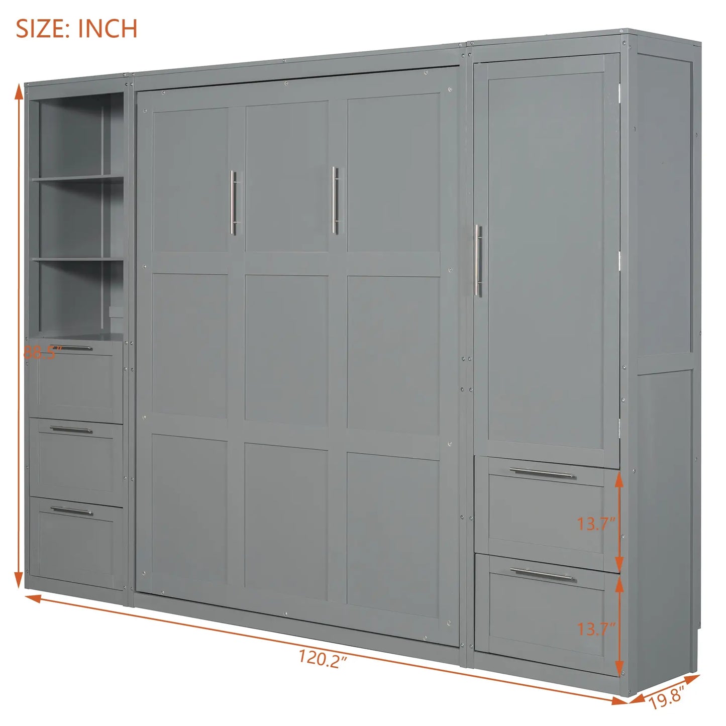 Murphy Bed with Closet, Drawers, Shelves, 120" L x 20" W x 88.5" H, Grey Bed Frames at Gallery Canada