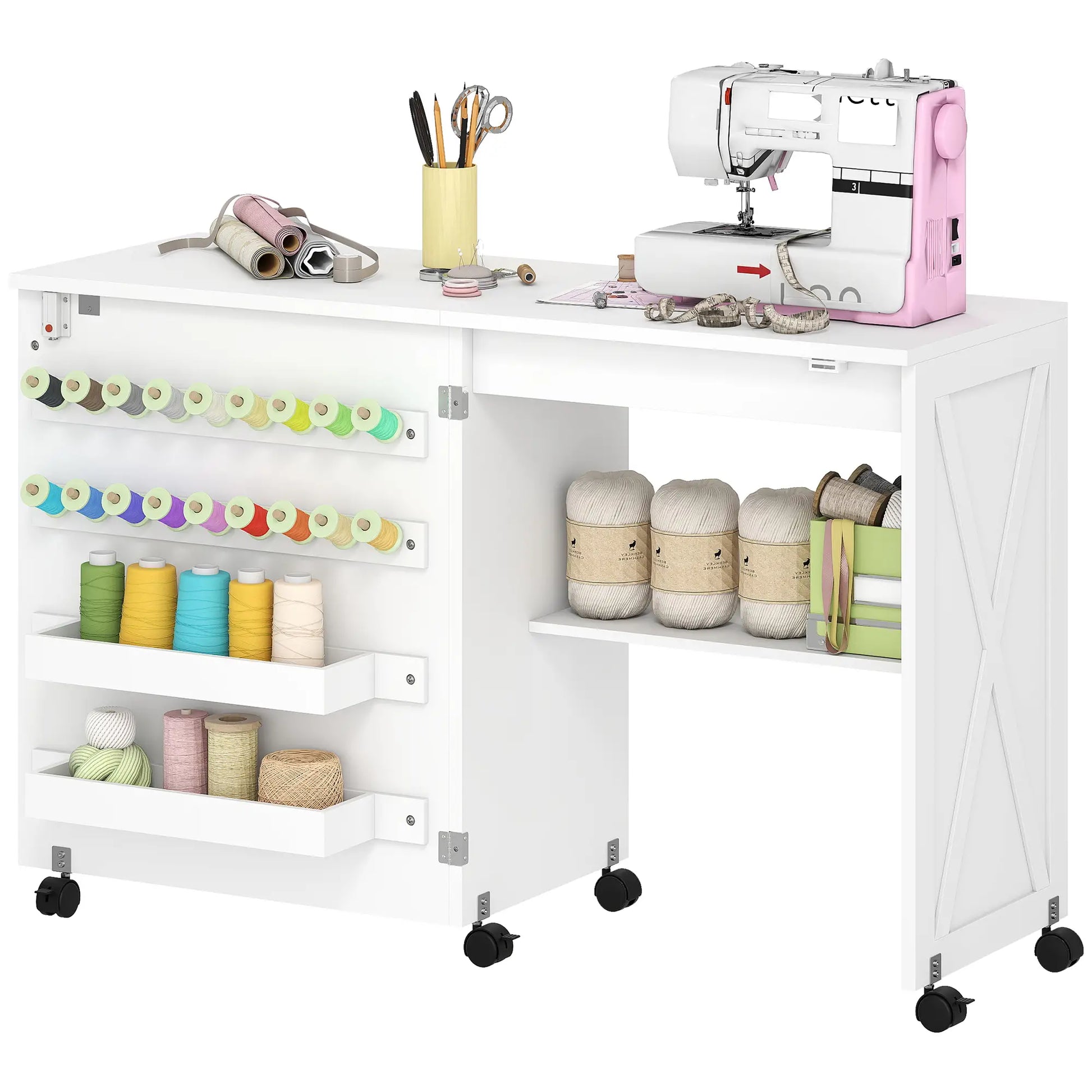Sewing Machine Table on Wheels, Folding Craft Table with Storage, White Storage Cabinets White at Gallery Canada