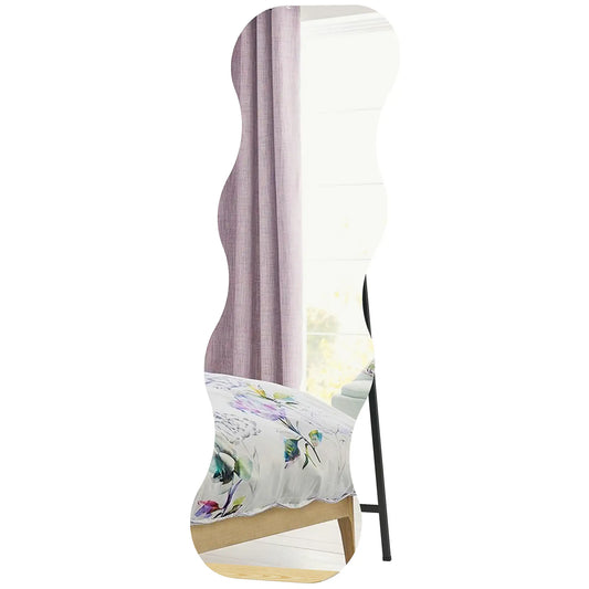 64" x 21" Full Length Mirror, Irregular Wavy Frameless with Pine Wood Base, Black