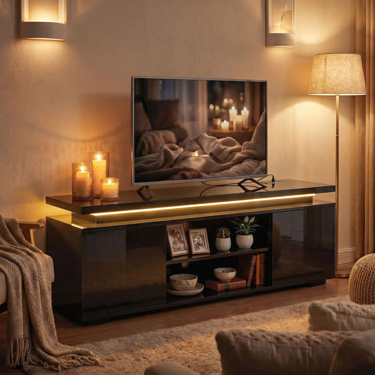 TV Stand For TVs Up To 60 Inch, Modern Entertainment Center With LED Lights, LED Lights TV Stands High Gloss Black at Gallery Canada