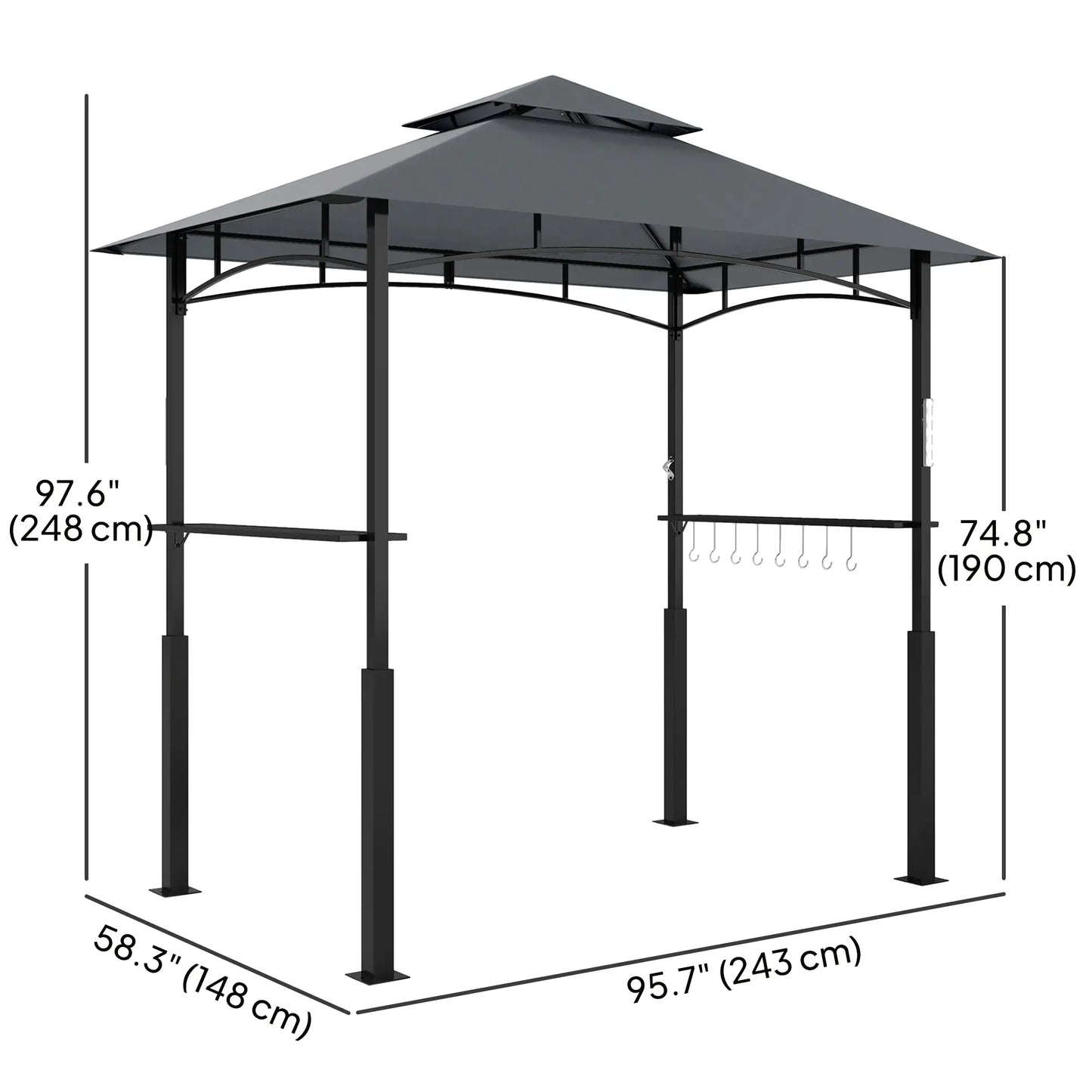 8' x 5' Grill Gazebo, Double Tiered, LED Light, Shelves, Dark Grey BBQ Grill Gazebos at Gallery Canada