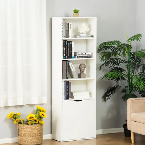 4-Tier Open Bookshelf with Doors, Home Office Bookcase, White