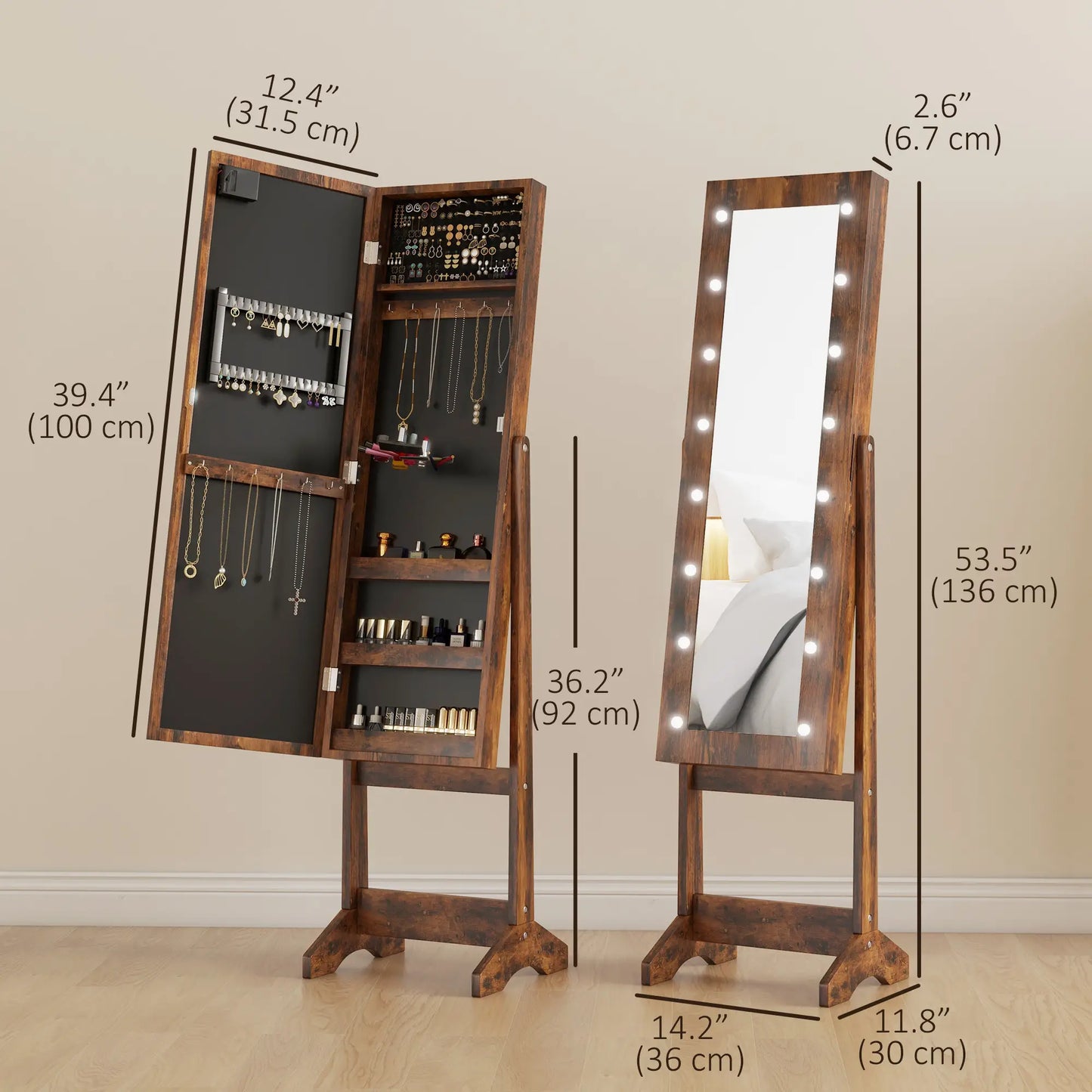 Free Standing Armoire Organizer, Lighted Mirrored Jewelry Cabinet, Angle Adjustable, 16 LED Lights, Rustic Brown, Brown Jewelry Armoire & Jewellery Mirror Cabinets at Gallery Canada