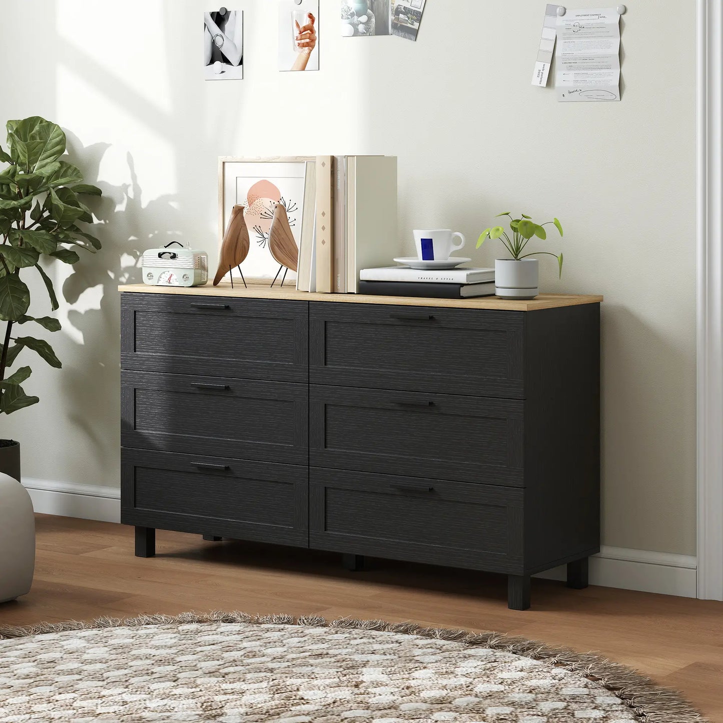 47" Wide Chest Of Drawers, Modern Dresser, 6 Drawers, Wood Legs, Black Storage Cabinets at Gallery Canada