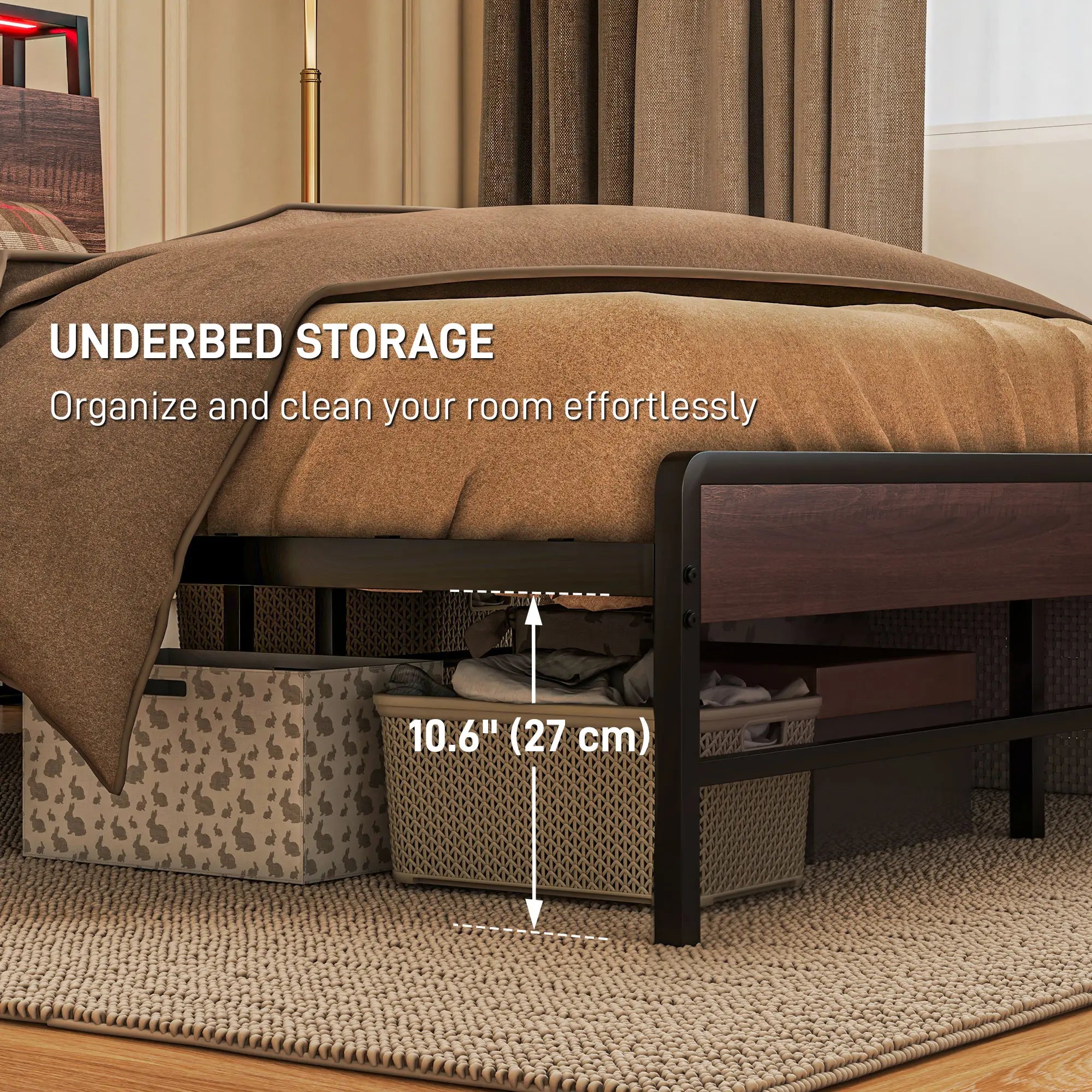 Queen Size Bed Frame with LED Lights, Charging Station, Storage Headboard, Walnut Bedroom Furniture at Gallery Canada