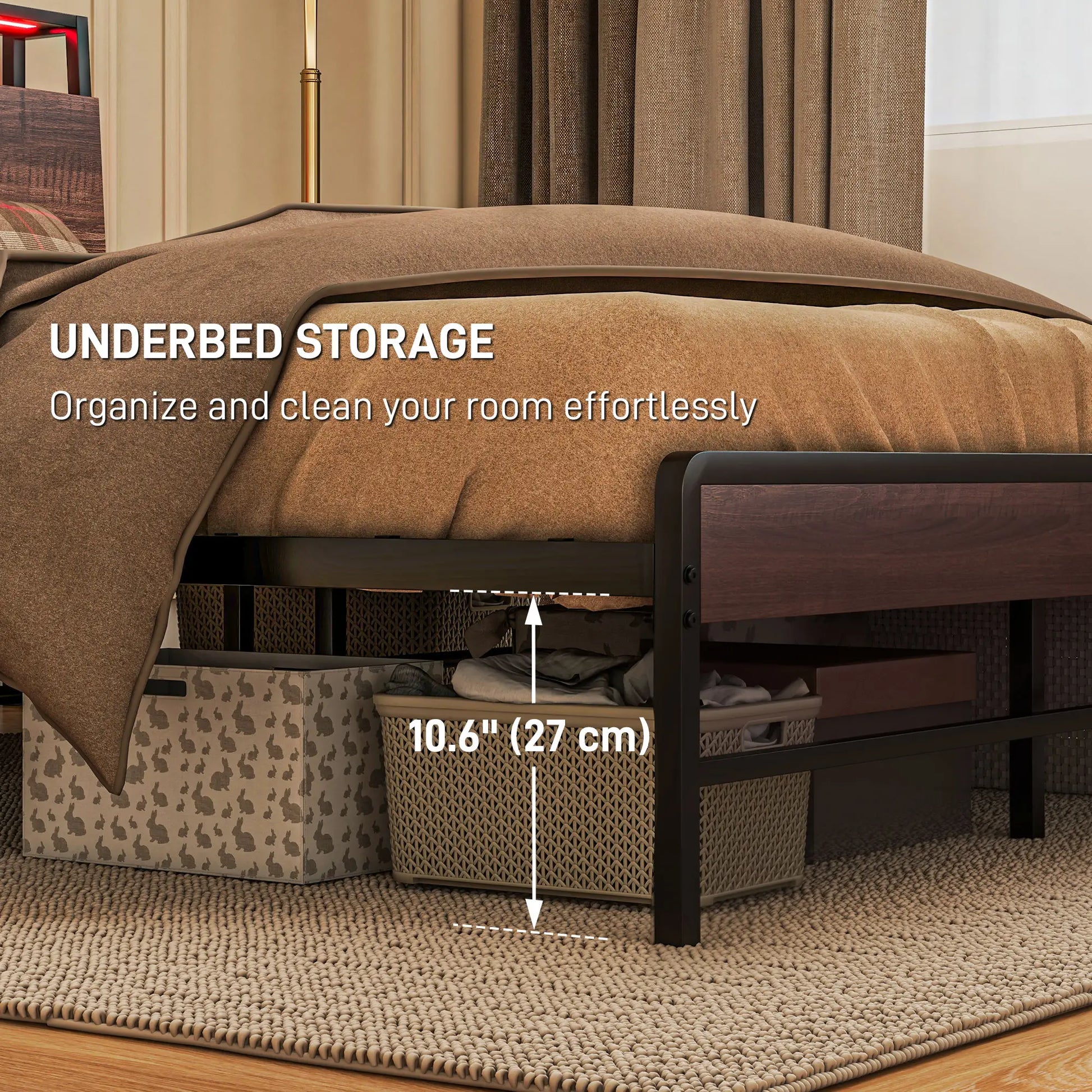 Queen Size Bed Frame with LED Lights, Charging Station, Storage Headboard, Walnut Bedroom Furniture at Gallery Canada