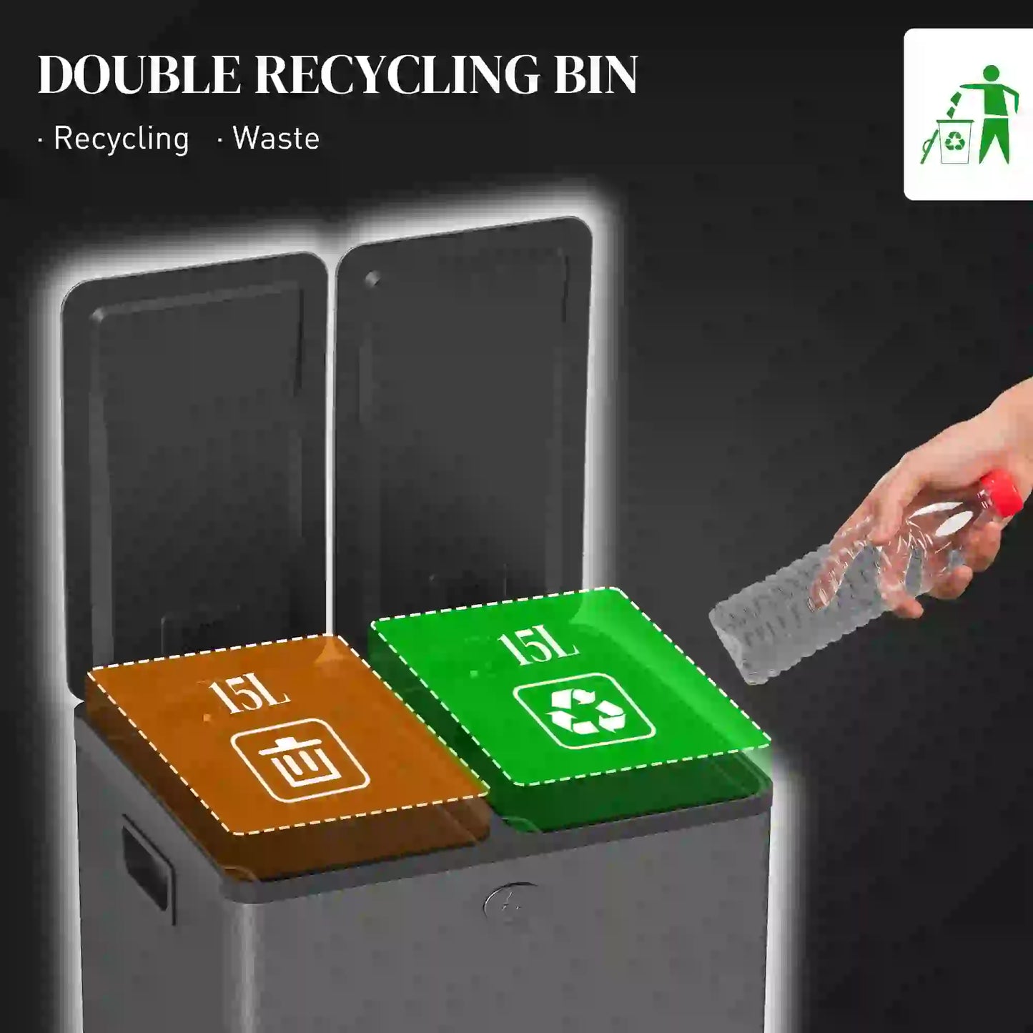 Dual Garbage Bin, Soft Close Trash Can, 2 x 15 Liter, Black Household Supplies at Gallery Canada