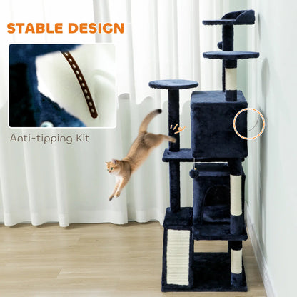 63" Cat Tree, Multi-Level Tower, Scratching Posts, Condos, Bed, Dark Blue