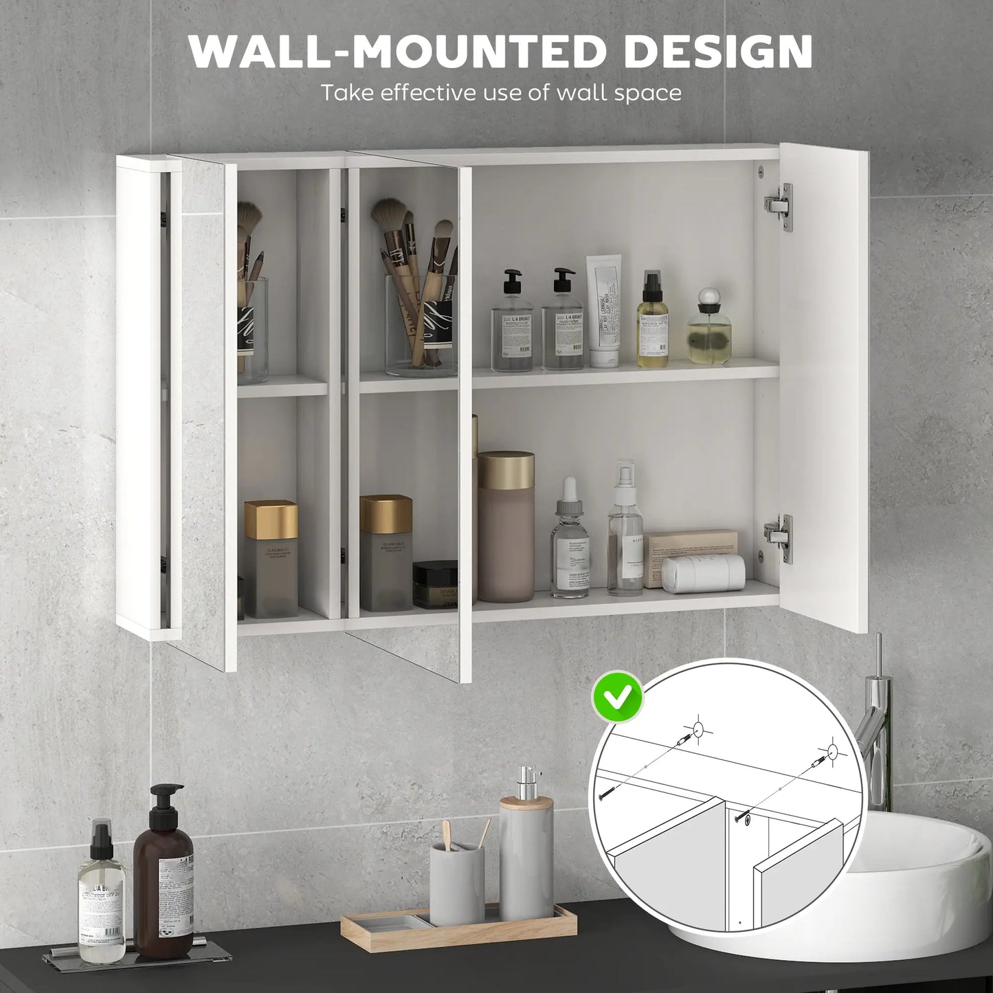 35" x 24" Wall Mounted Mirror Cabinet, 3 Doors, Adjustable Shelves, White Mirror Medicine Cabinets at Gallery Canada