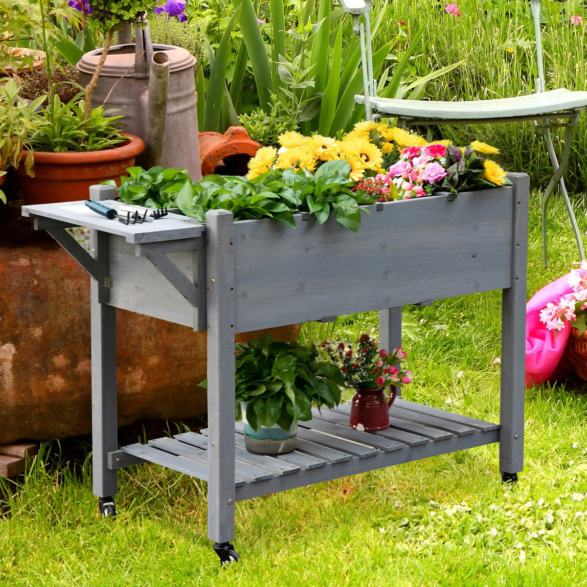 Raised Garden Bed, 8 Grids with Storage Shelf, Elevated Planter Box, Grey Elevated Garden Beds at Gallery Canada