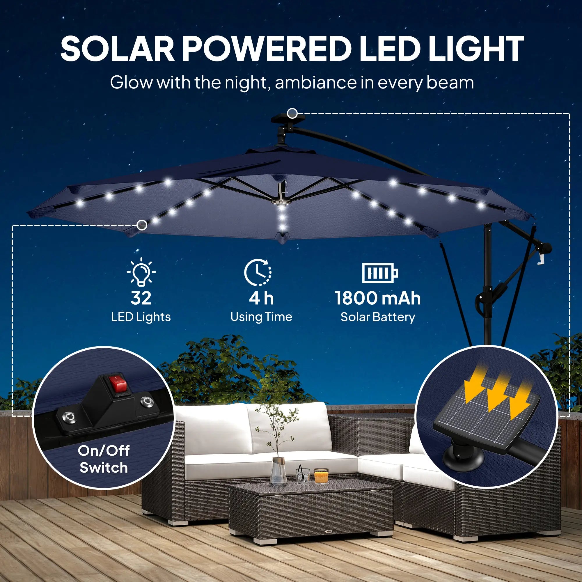 9.7ft Solar LED Cantilever Patio Umbrella, 32 LED Lights, Dark Blue Offset Cantilever Umbrellas at Gallery Canada