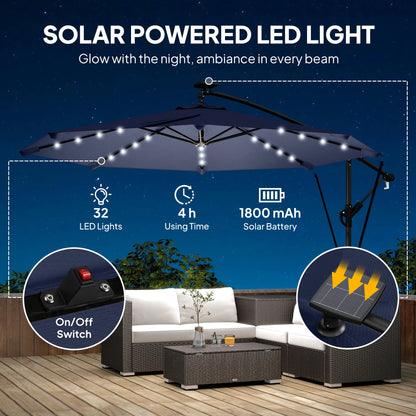 9.7ft Solar LED Cantilever Patio Umbrella, 32 LED Lights, Dark Blue Offset Cantilever Umbrellas at Gallery Canada