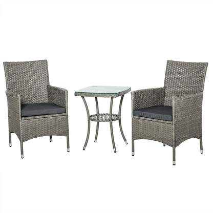 3-Piece Wicker Patio Set, Rattan Bistro with Glass Table, Grey Bistro Sets Grey Rattan, Grey Cushion at Gallery Canada
