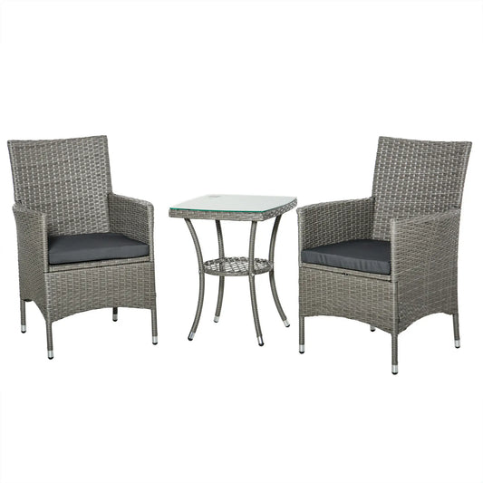 3-Piece Wicker Patio Set, Rattan Bistro with Glass Table, Grey Bistro Sets Grey Rattan, Grey Cushion at Gallery Canada
