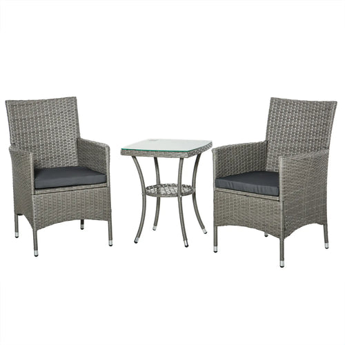 3-Piece Wicker Patio Set, Rattan Bistro with Glass Table, Grey
