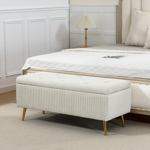 43 Inch Storage Ottoman Bench, Steel Legs, Padded Seat, Beige