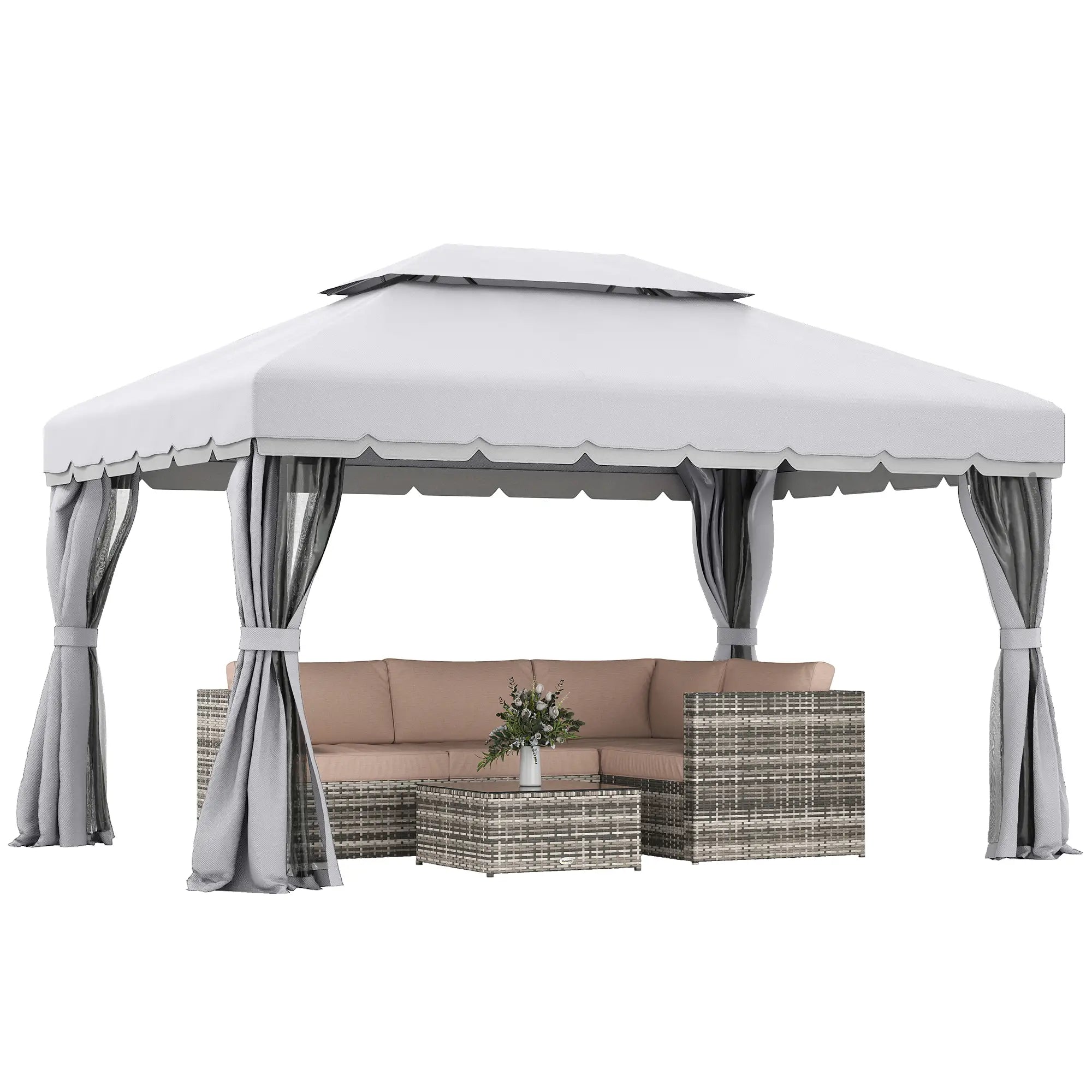 13' x 10' Outdoor Gazebo, 2-Tier Polyester Roof, Vented Mesh Sidewall, Aluminum Frame, Grey Gazebos Light Grey, Black Mesh at Gallery Canada
