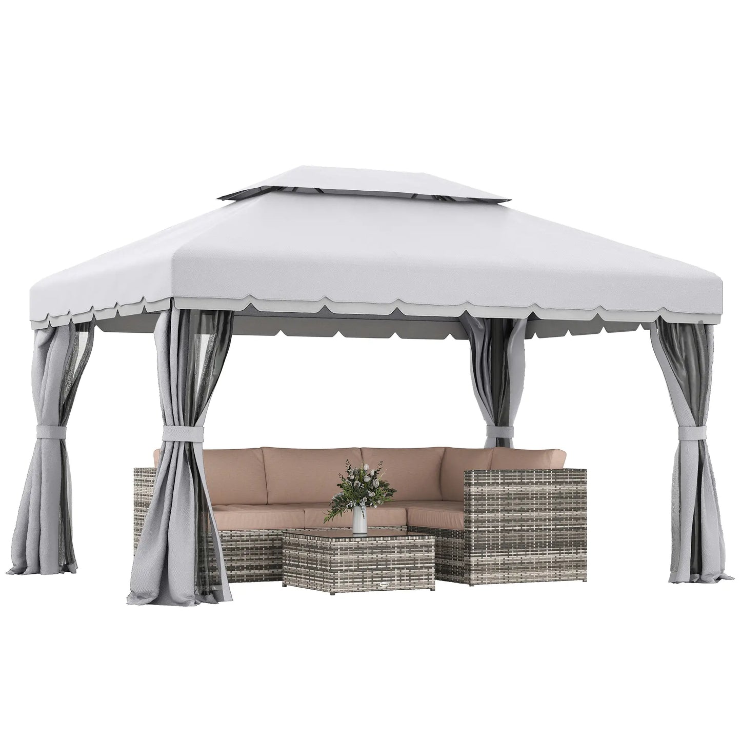 13' x 10' Outdoor Gazebo, 2-Tier Polyester Roof, Vented Mesh Sidewall, Aluminum Frame, Grey Gazebos Light Grey, Black Mesh at Gallery Canada