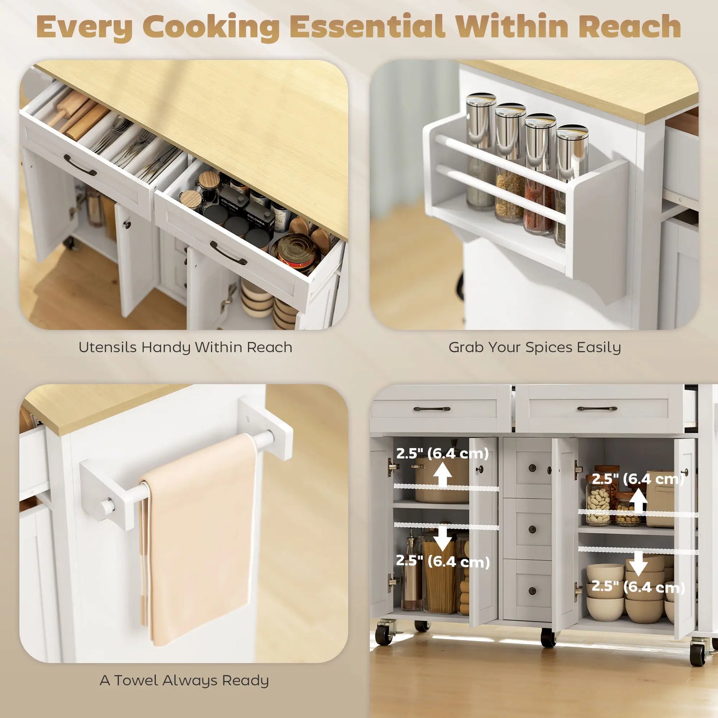 Kitchen Island Cart with Power Outlet, Drop Leaf, 55 Inch, White Kitchen Islands & Kitchen Carts at Gallery Canada