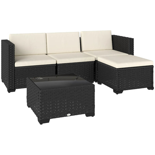 5 Piece L-Shape Patio Set, Wicker Sectional, Cream