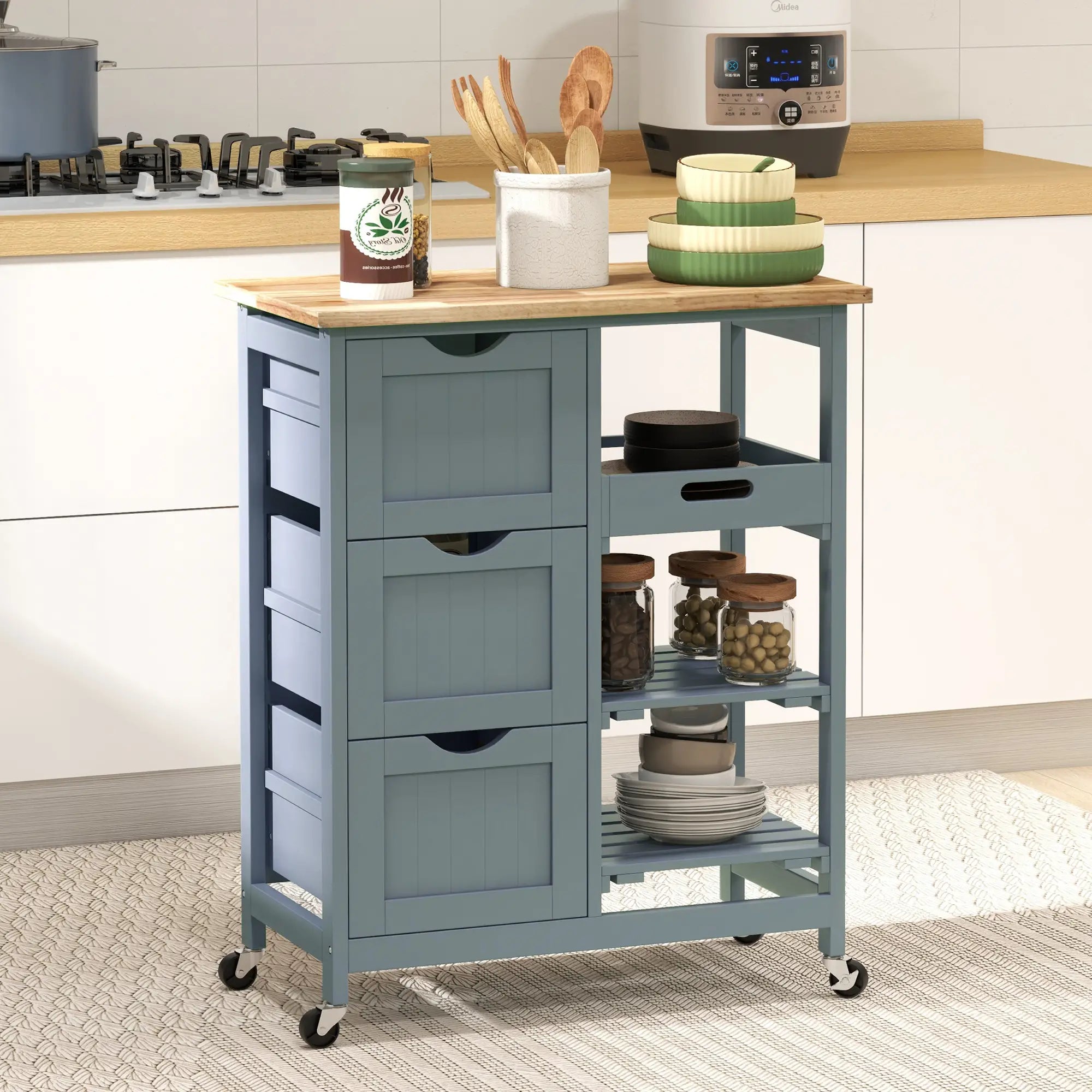 Kitchen Cart on Wheels, Wood Top, 3 Drawers, Shelves Kitchen Islands & Kitchen Carts at Gallery Canada