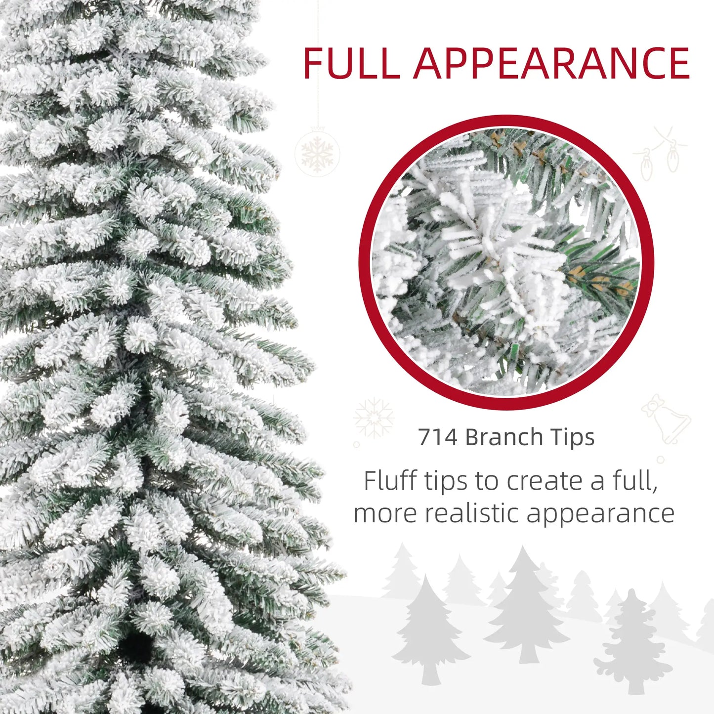 9ft Snow-Flocked Artificial Christmas Tree, Slim Pencil, Metal Base, Green Flocked Christmas Trees at Gallery Canada