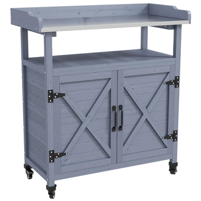 Outdoor Wooden Potting Bench, Storage Cabinet, Aluminum Tabletop, Grey Potting Benches & Tables at Gallery Canada