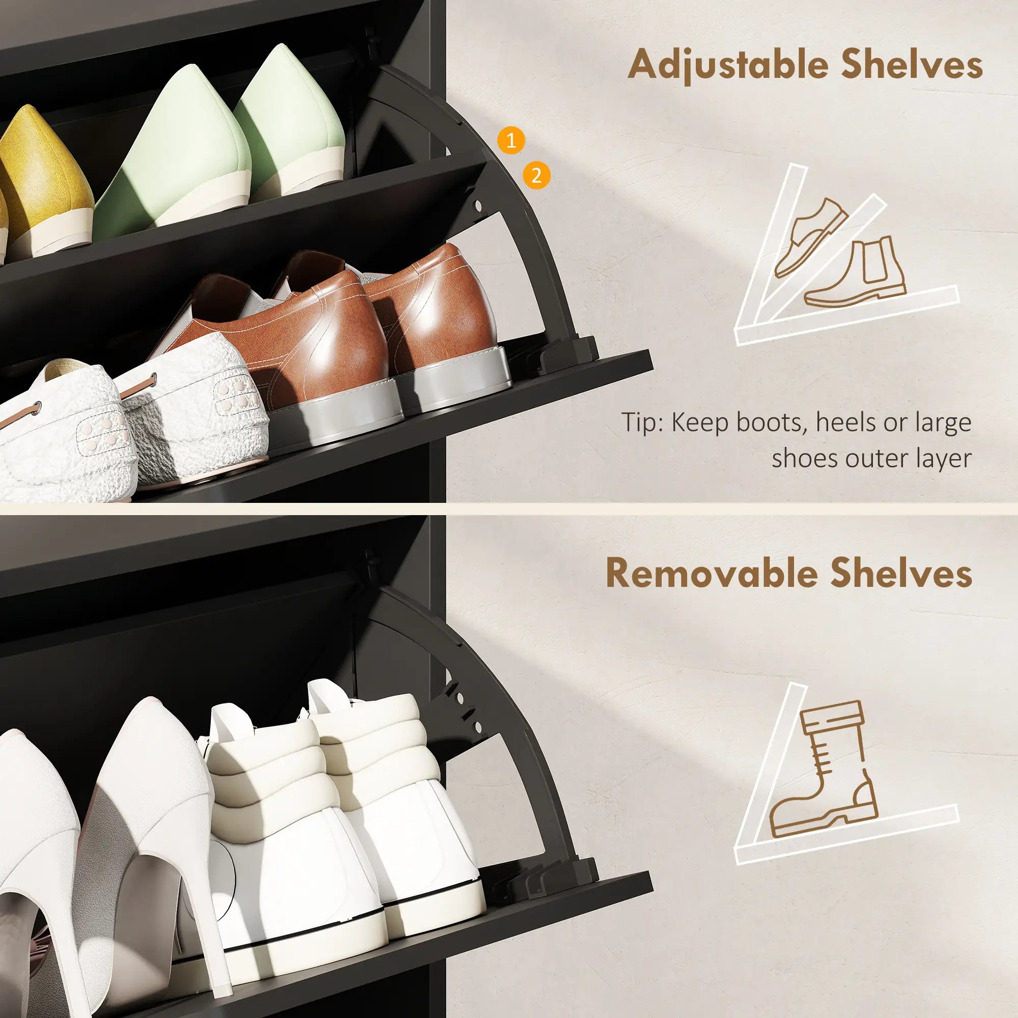 Narrow Shoe Cabinet, 4 Flip Drawers, Adjustable Shelves, 16 Pairs, Black Shoe Storage Cabinets & Racks at Gallery Canada