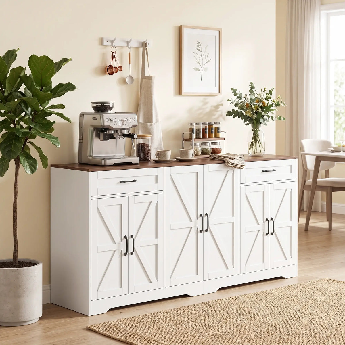 71" Sideboard Buffet Cabinet, Coffee Bar, 2 Drawers, 6 Barn Doors, White