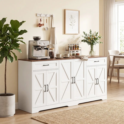 71" Sideboard Buffet Cabinet, Coffee Bar, 2 Drawers, 6 Barn Doors, White