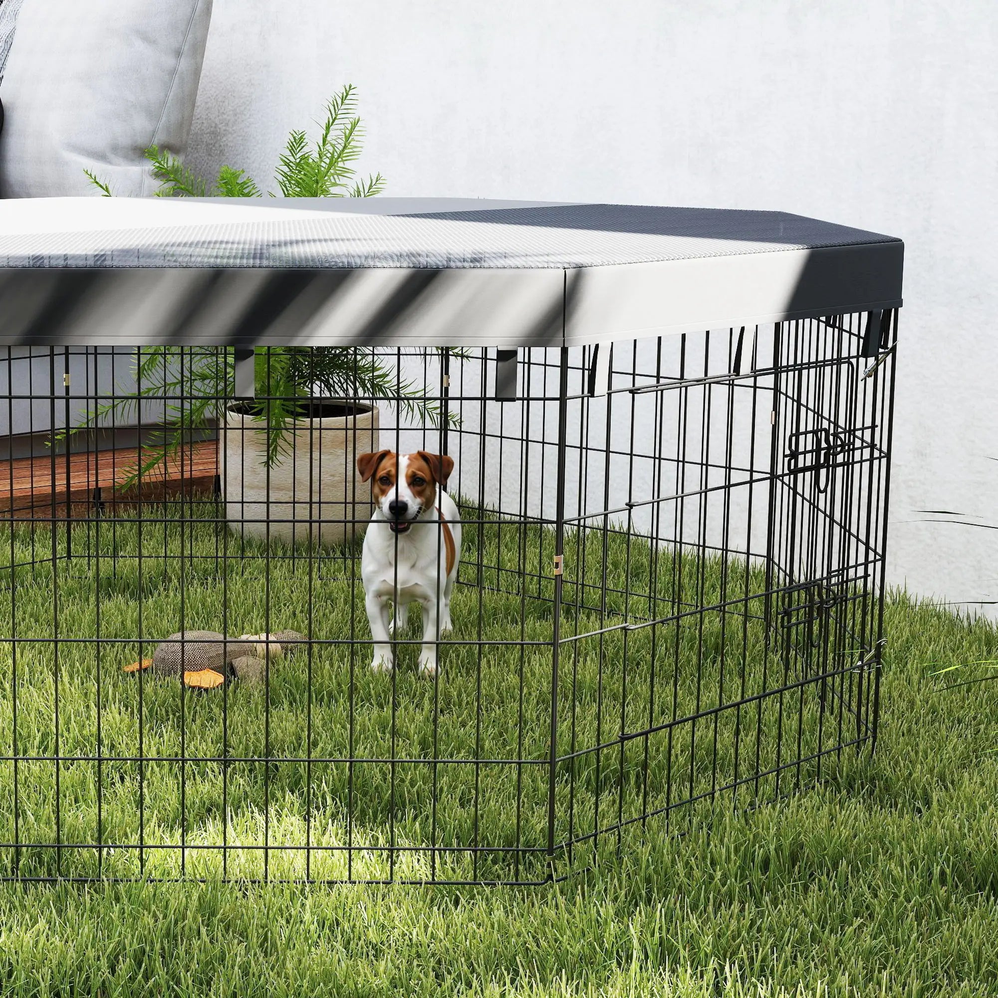8 Panels Foldable Dog Playpen With Top Cover, 24