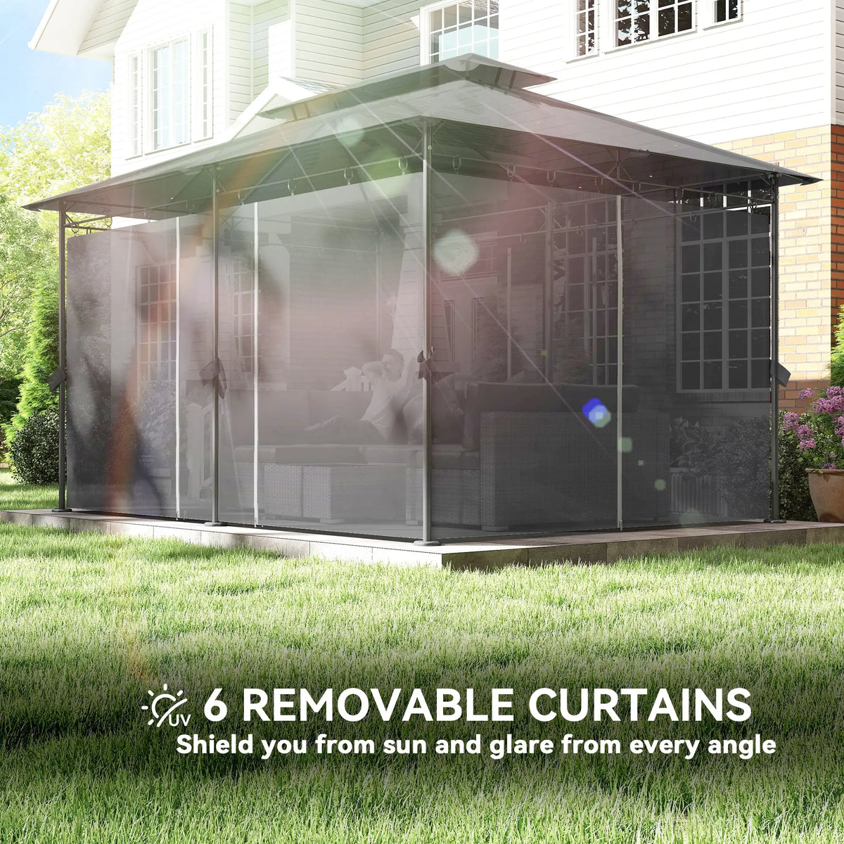 10' x 13' Double Roof Patio Gazebo, Outdoor Gazebo with Curtains, Grey
