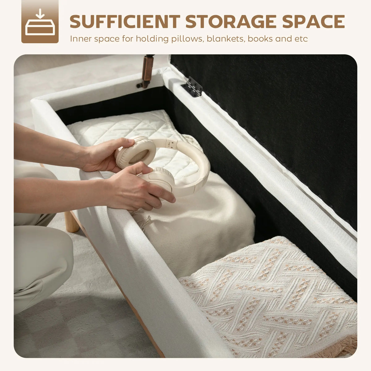 Storage Ottoman Bench with Lift-Up Lid, Wood Legs, Cream White Storage Ottomans & Benches at Gallery Canada