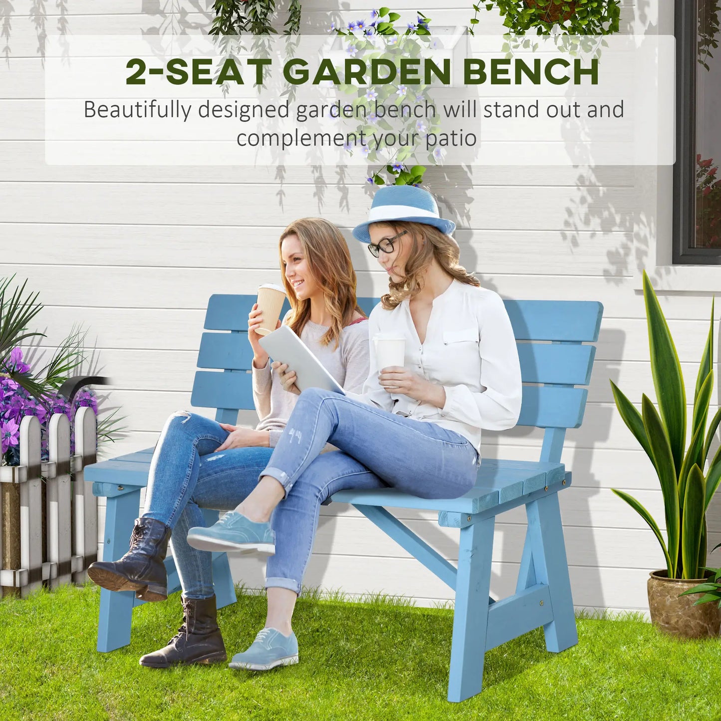 Wooden Garden Bench, 2-Person Patio Loveseat, Outdoor Furniture, Blue Outdoor Benches at Gallery Canada
