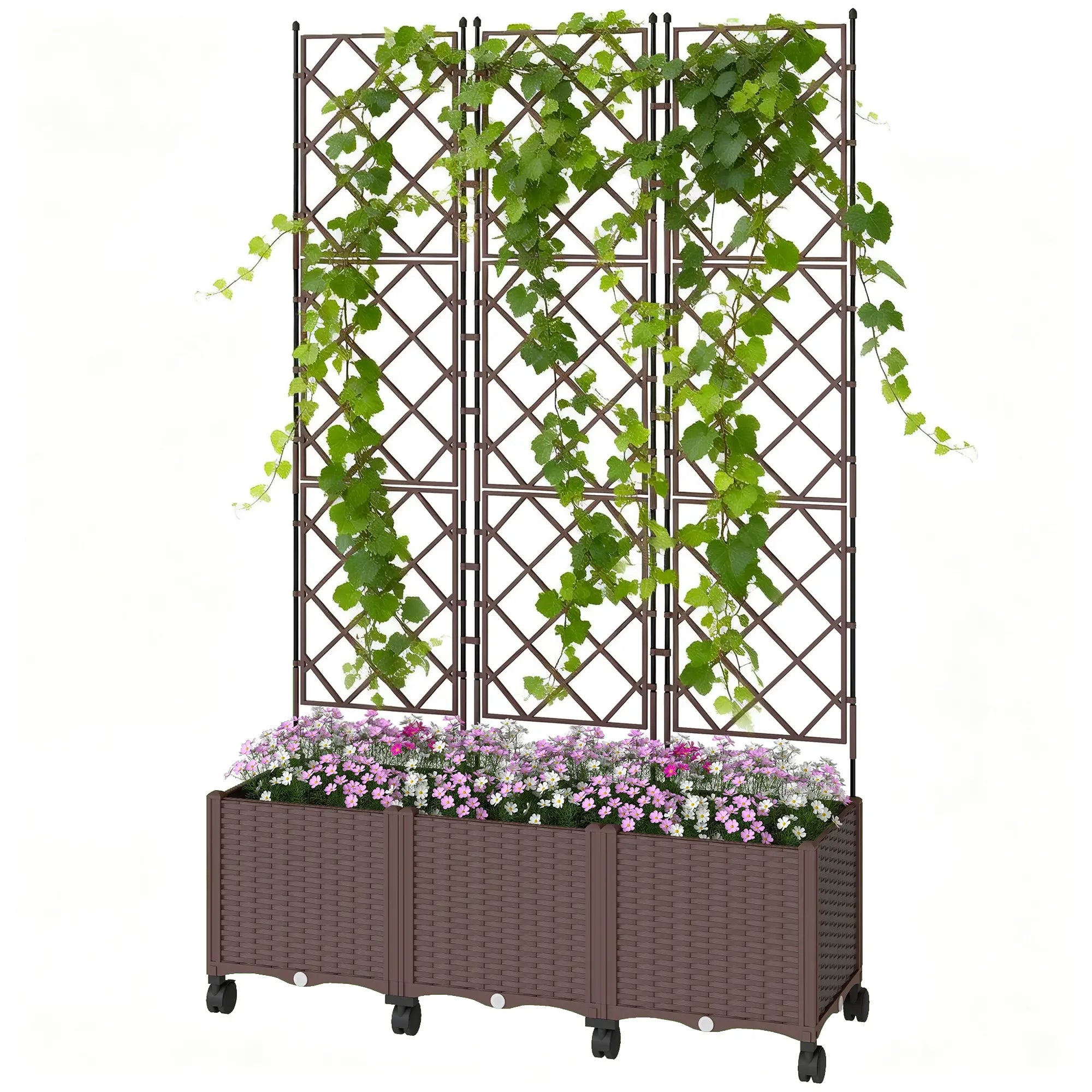 Plastic Raised Garden Bed With Trellis, Self Watering Planter Box With Wheels Raised Garden Beds Brown at Gallery Canada